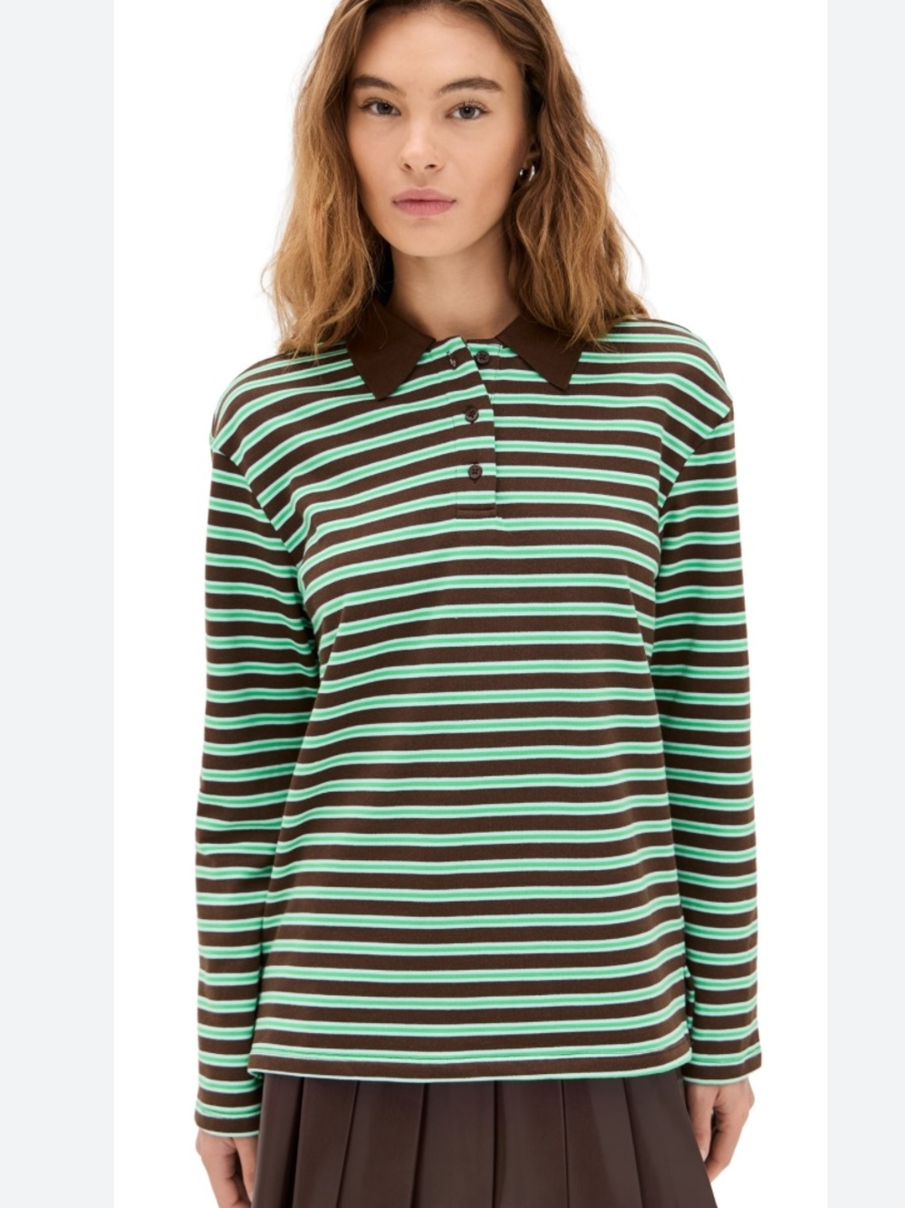 ENGLISH FACTORY Striped Long-Sleeve Polo Top in Brown & Mint